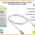 LIME LIGHTNING LONG TO USB-C TYPE C 4.0A 1m - Καλώδιο Φόρτισης DATA 30W - Γρήγορη Φόρτιση - PD2.0 - QC