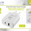 Lime Gan Fast Travel Charger - Dual Port - Type C To USB - Pd3.0 - Qc3.0 - 75w