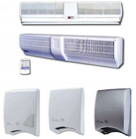 Air curtains of all types and hand dryers, wall-mounted
