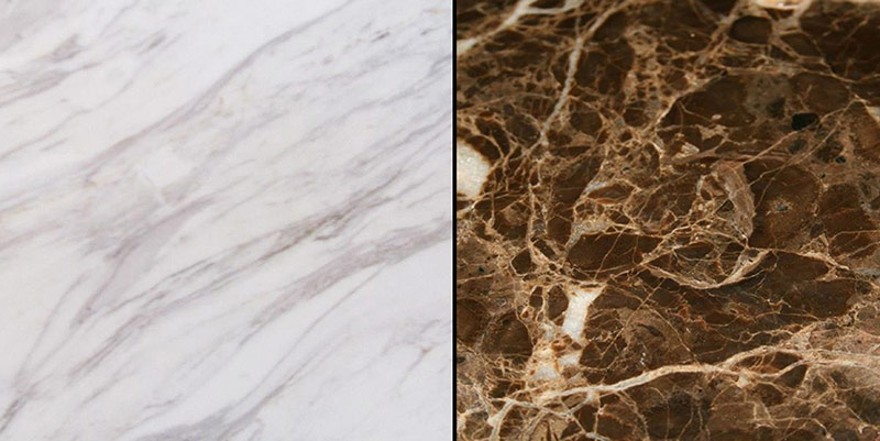 Greek Marbles (Volakas, Dionysos, Thassos), International Marbles (Emperador, Carrara, Calacatta, Nero Marquina)