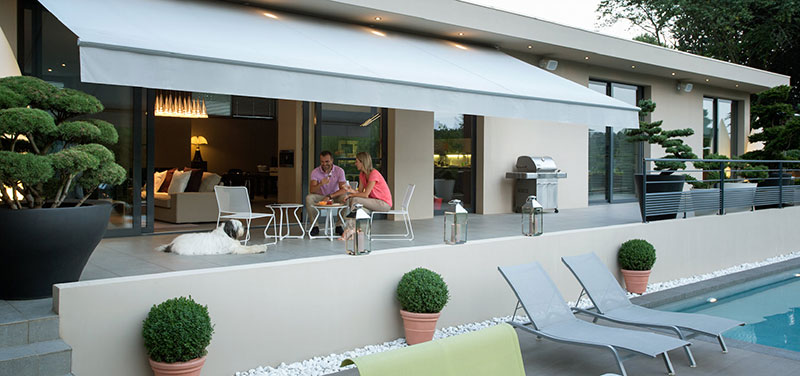 Awnings with arms, Awnings with bracing struts, Somfy automations, Patio shelters, Tencate & Dickson awning fabrics