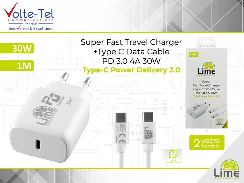 Lime Super Fast Φόρτισης Ταξιδιού 4α 30w - Type C - Pd3.0 - 1 Μέτρο