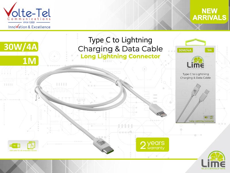 Lime Καλώδιο Data - Φόρτισης - 30w - Type C To Lightning με Μακρύ Κονέκτορα