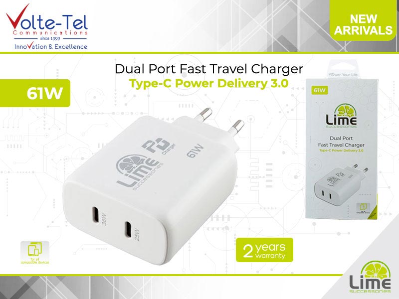 Lime Dual Port Fast Travel Charger - 61w - Pd3.0 - Type C