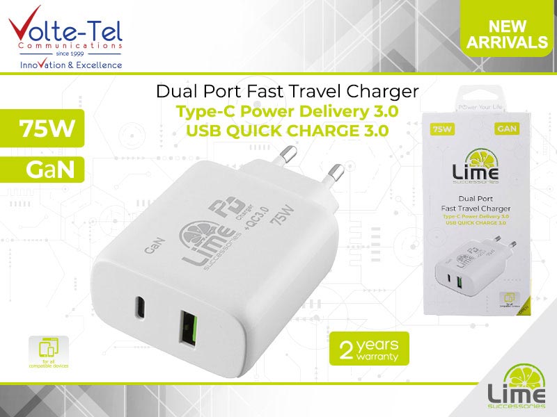 Lime Gan Fast Travel Charger - Dual Port - Type C To USB - Pd3.0 - Qc3.0 - 75w